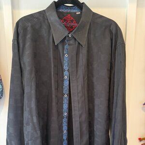 ROBERT GRAHAM Men’s Black Pleated Long Sleeve Embroidery Cuff Shirt 2XL